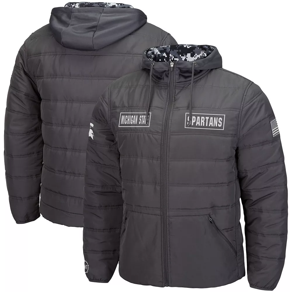 Men's Colosseum Charcoal Michigan State Spartans OHT Military Appreciation Digital Camo Detail Full-Zip Puffer Jacket